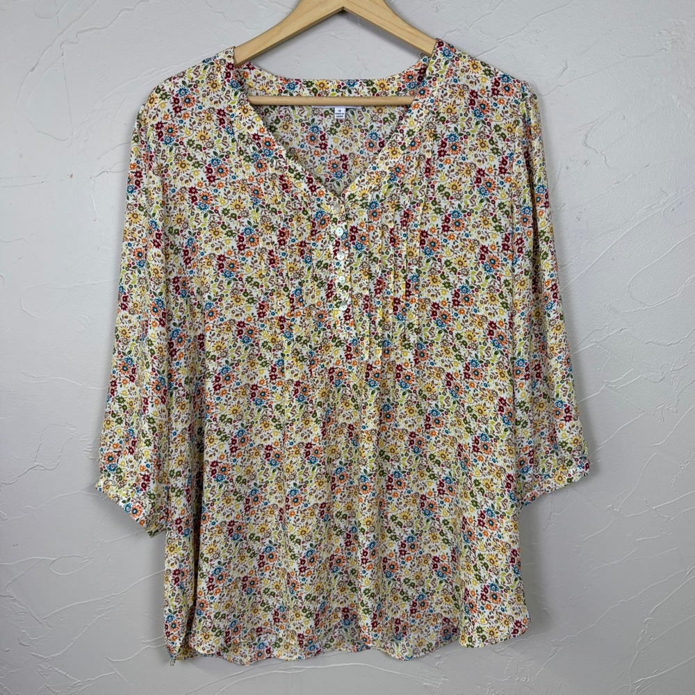 Rose Olive Floral Blouse Womens 1X Multicolor 3/4 Sleeve Pleated V Neck Cottage